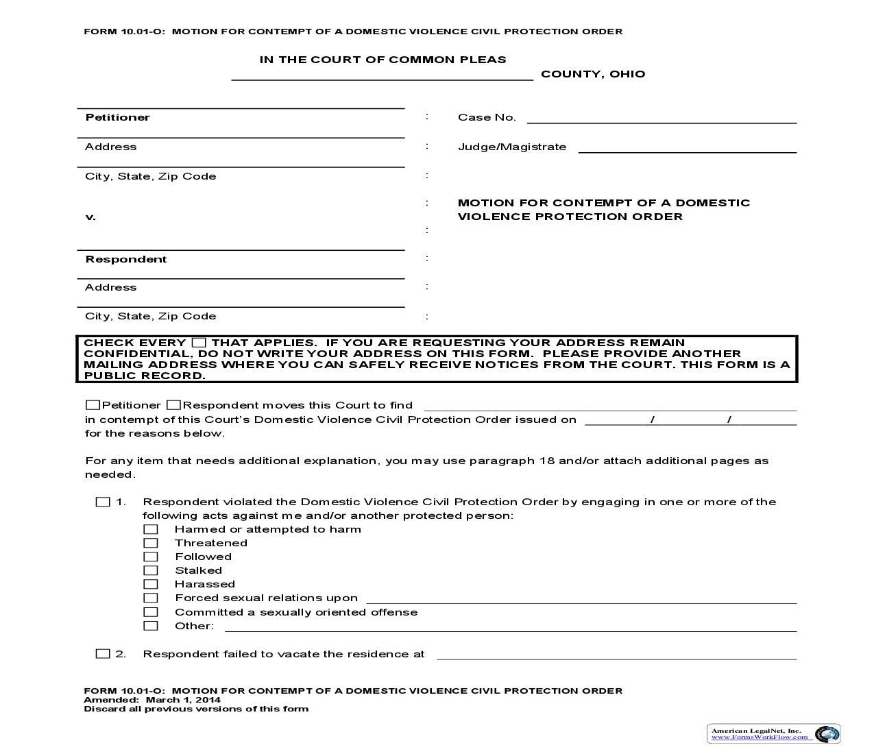 Motion For Contempt Of A Domestic Violence Civil Protection Order {10.01-O} |  | Ohio