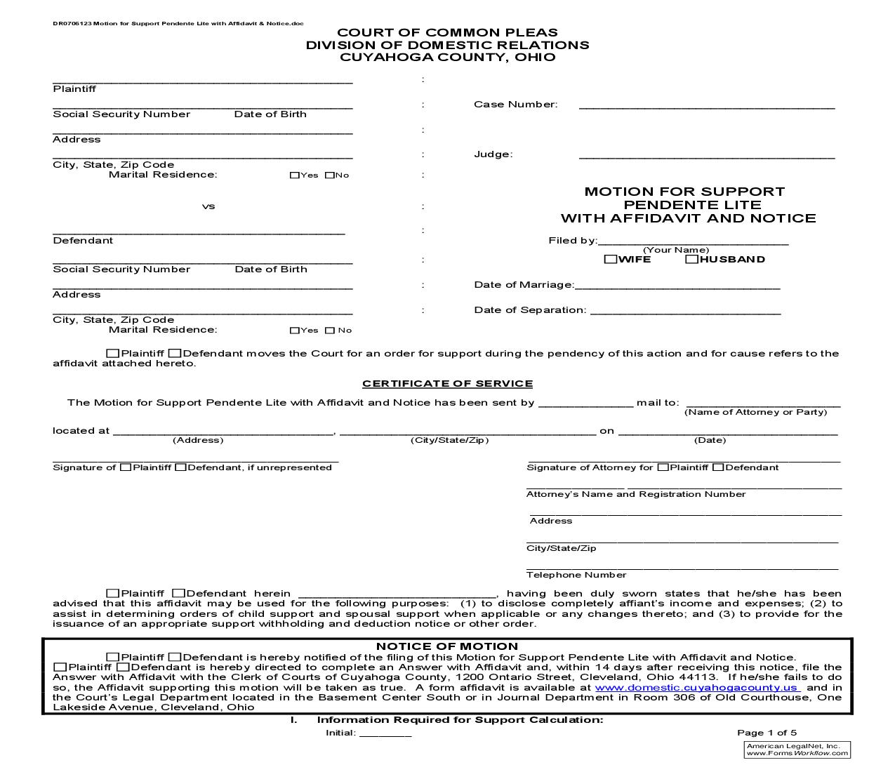 Motion For Support Pendente Lite With Affidavit And Notice | Pdf Fpdf Doc Docx | Ohio