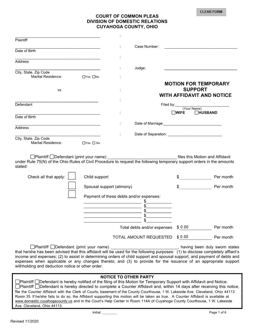 Motion For Temporary Support With Affidavit And Notice | Pdf Fpdf Doc Docx | Ohio