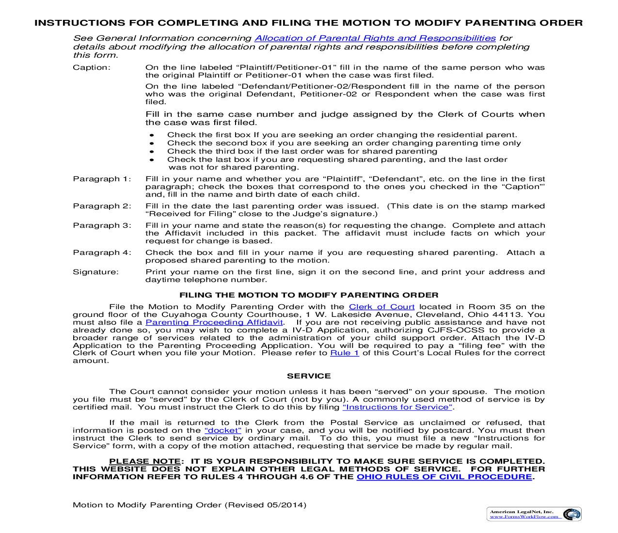 Motion To Modify Parenting Order As To | Pdf Fpdf Doc Docx | Ohio