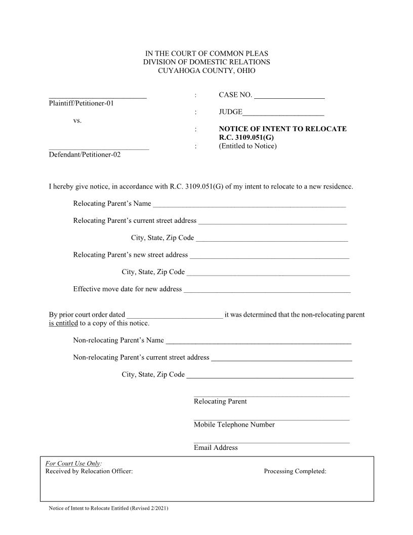 Notice Of Intent To Relocate (Entitled To Notice) | Pdf Fpdf Doc Docx | Ohio