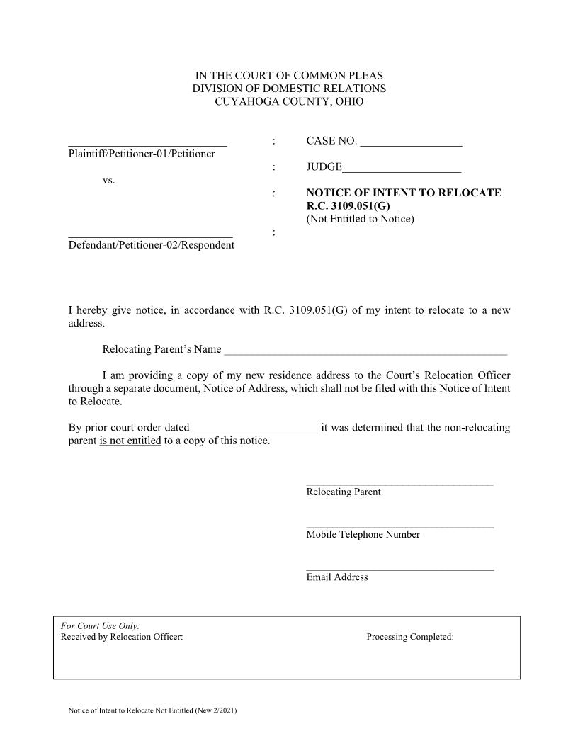 Notice Of Intent To Relocate (Not Entitled To Notice) | Pdf Fpdf Docx | Ohio
