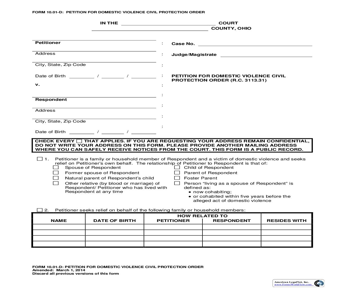 Petition For Domestic Violence Civil Protection Order {10.01-D} |  | Ohio