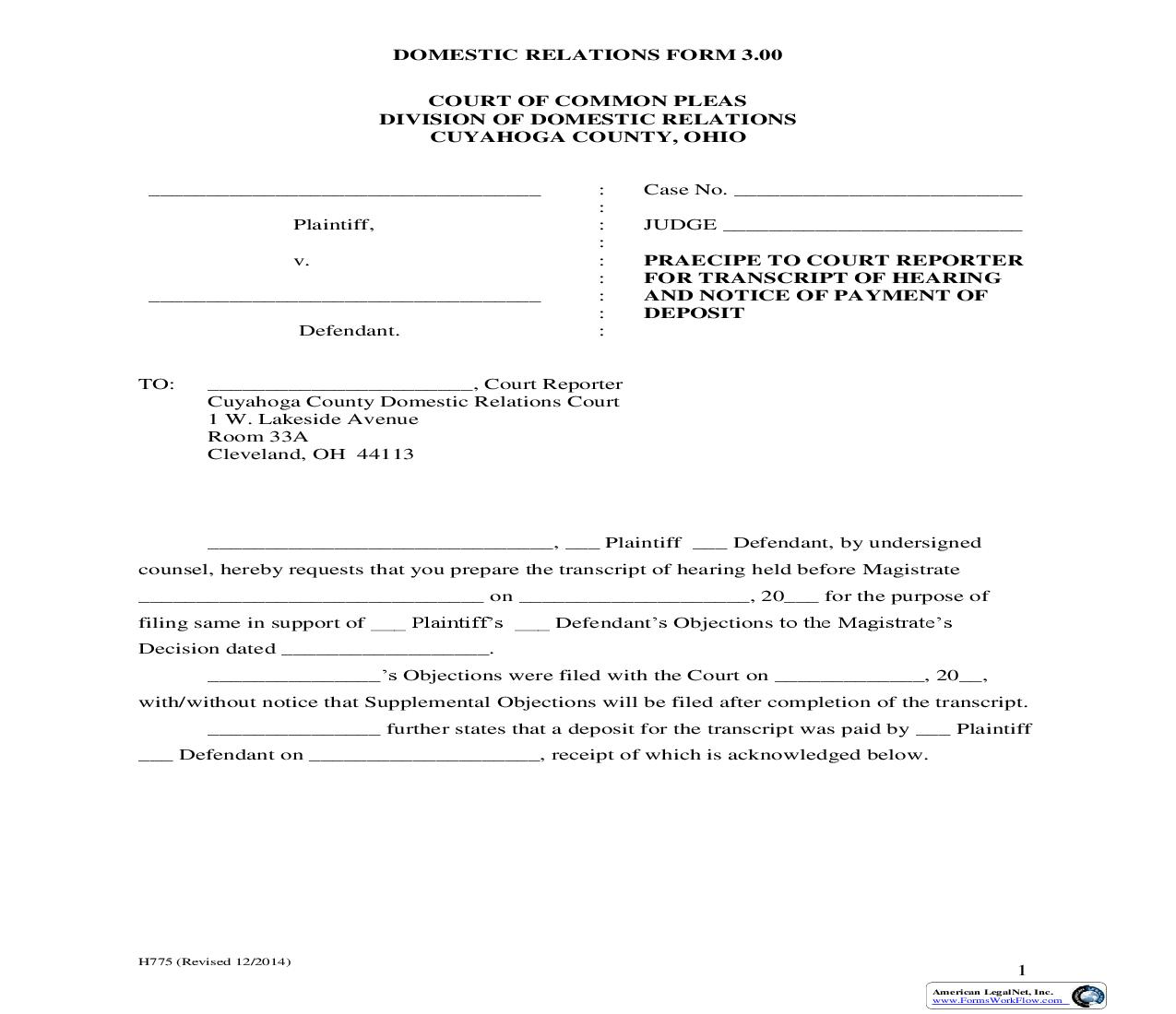 Praecipe To Court Reporter For Transcript Of Hearing And Notice Of Payment Of Deposit | Pdf Fpdf Doc Docx | Ohio