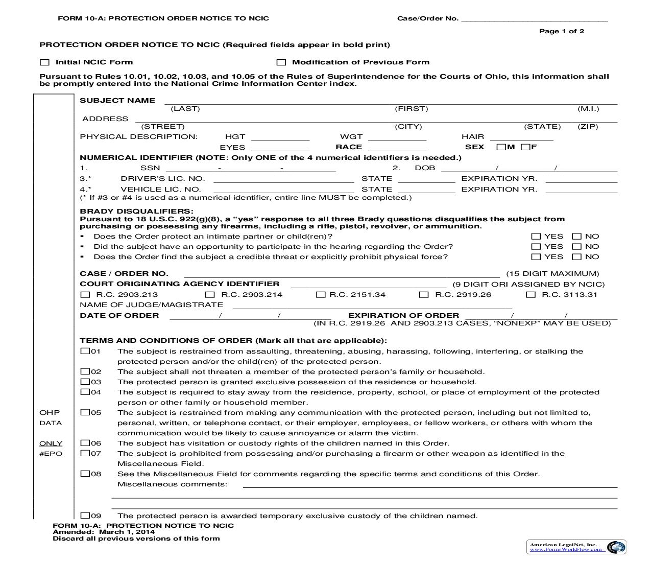 Protection Order Notice To NCIC {10-A} |  | Ohio