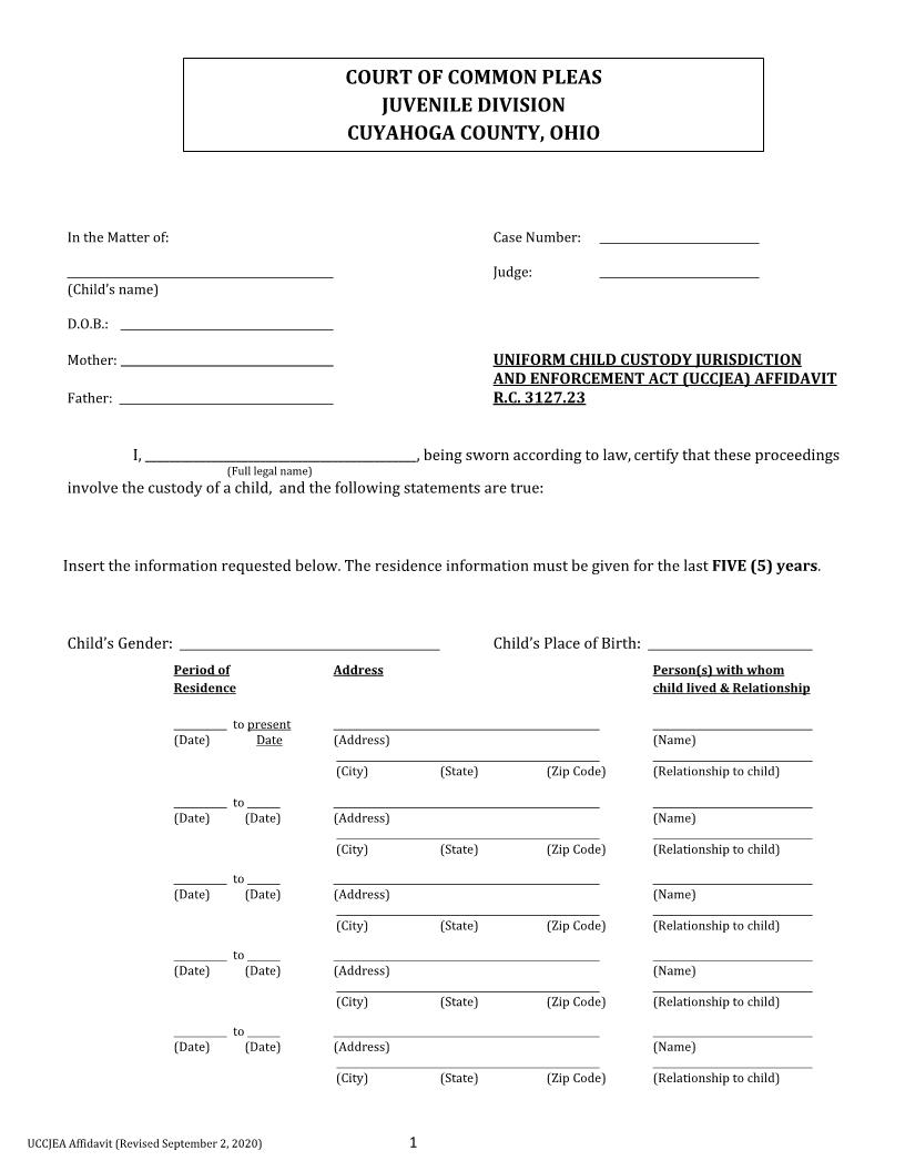 Affidavit Uniform Child Custody Jurisdiction Act | Pdf Fpdf Doc Docx | Ohio