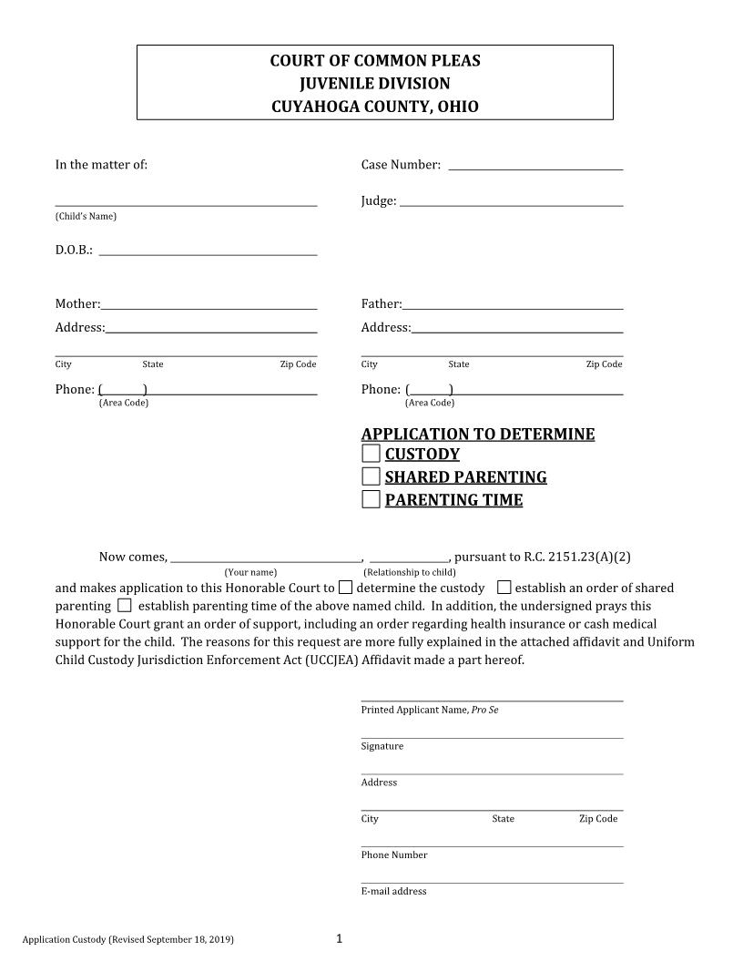 Application To Determine Custody Visitation | Pdf Fpdf Doc Docx | Ohio