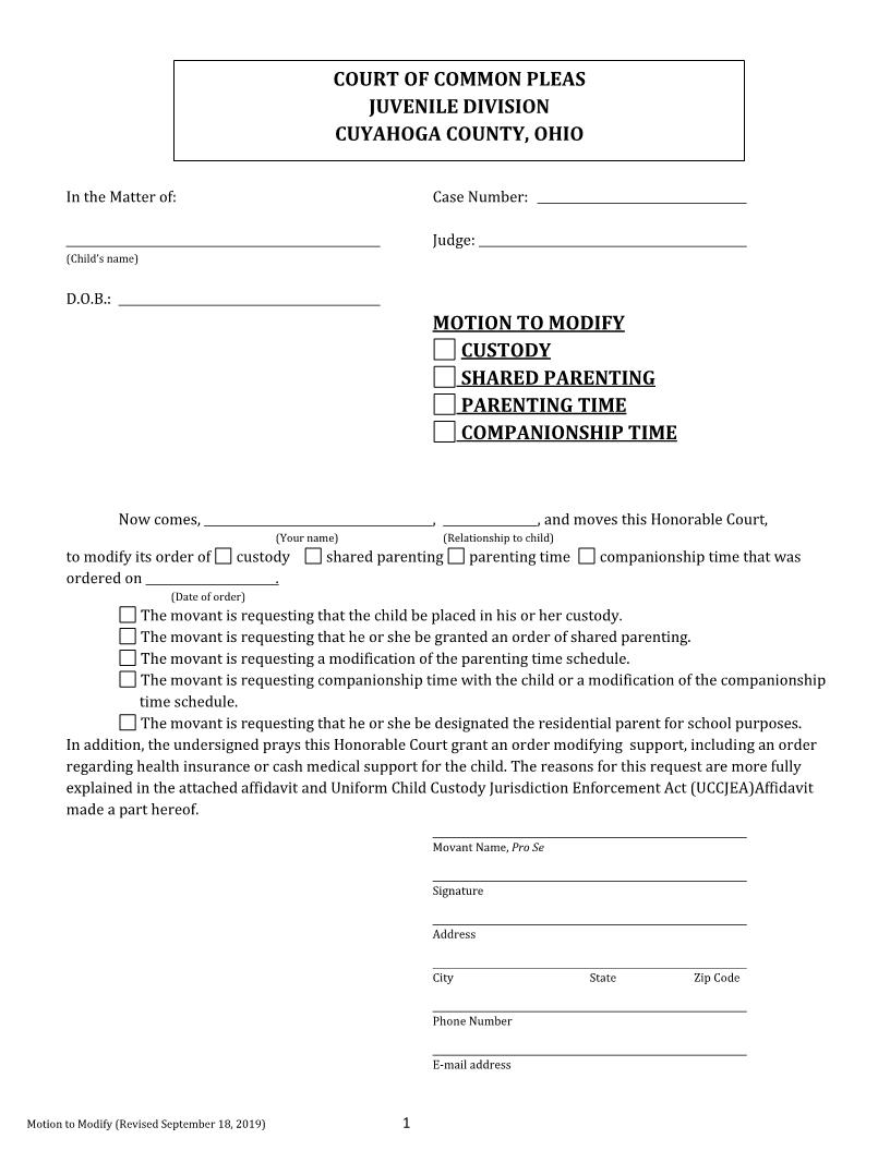 Motion To Modify Custody Or Visitation | Pdf Fpdf Doc Docx | Ohio
