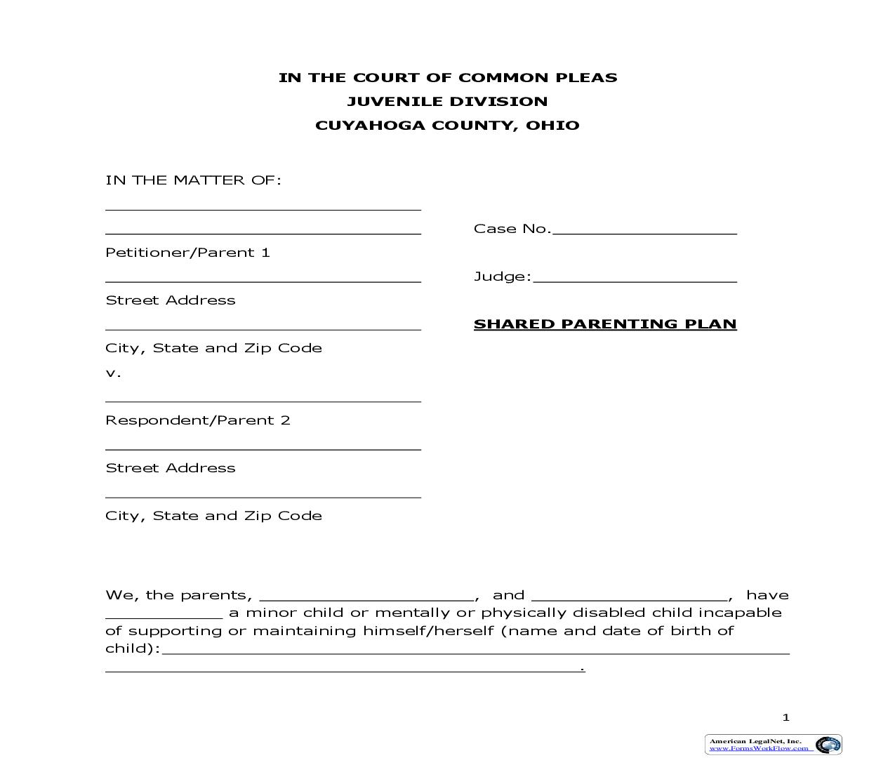 Shared Parenting Plan | Pdf Fpdf Doc Docx | Ohio