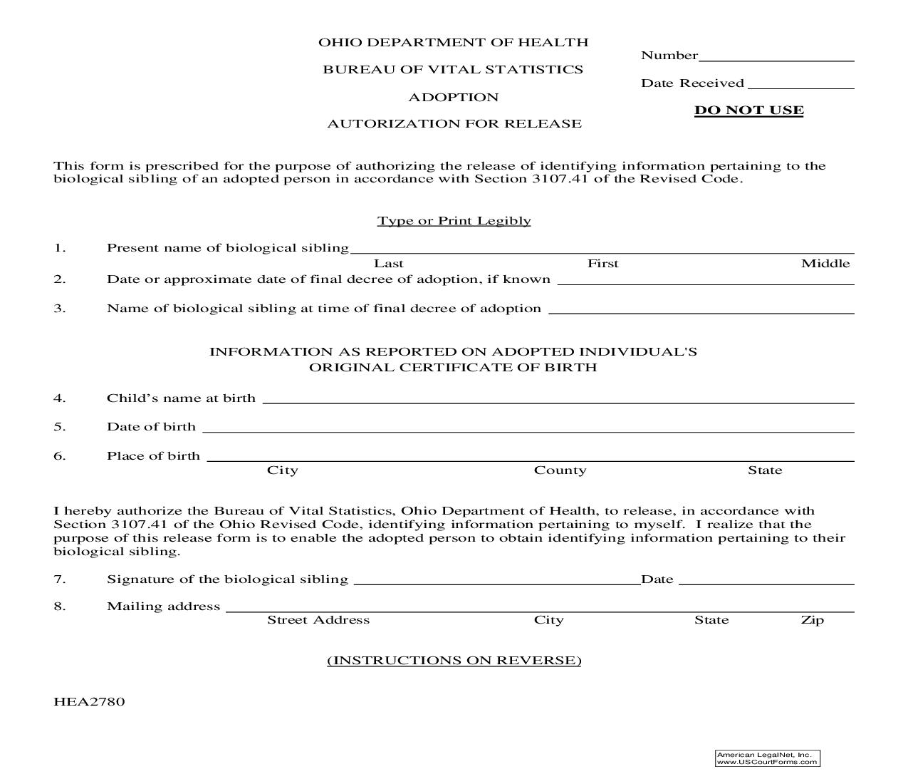 Authorization For Release Siblings {2780} | Pdf Fpdf Doc Docx | Ohio