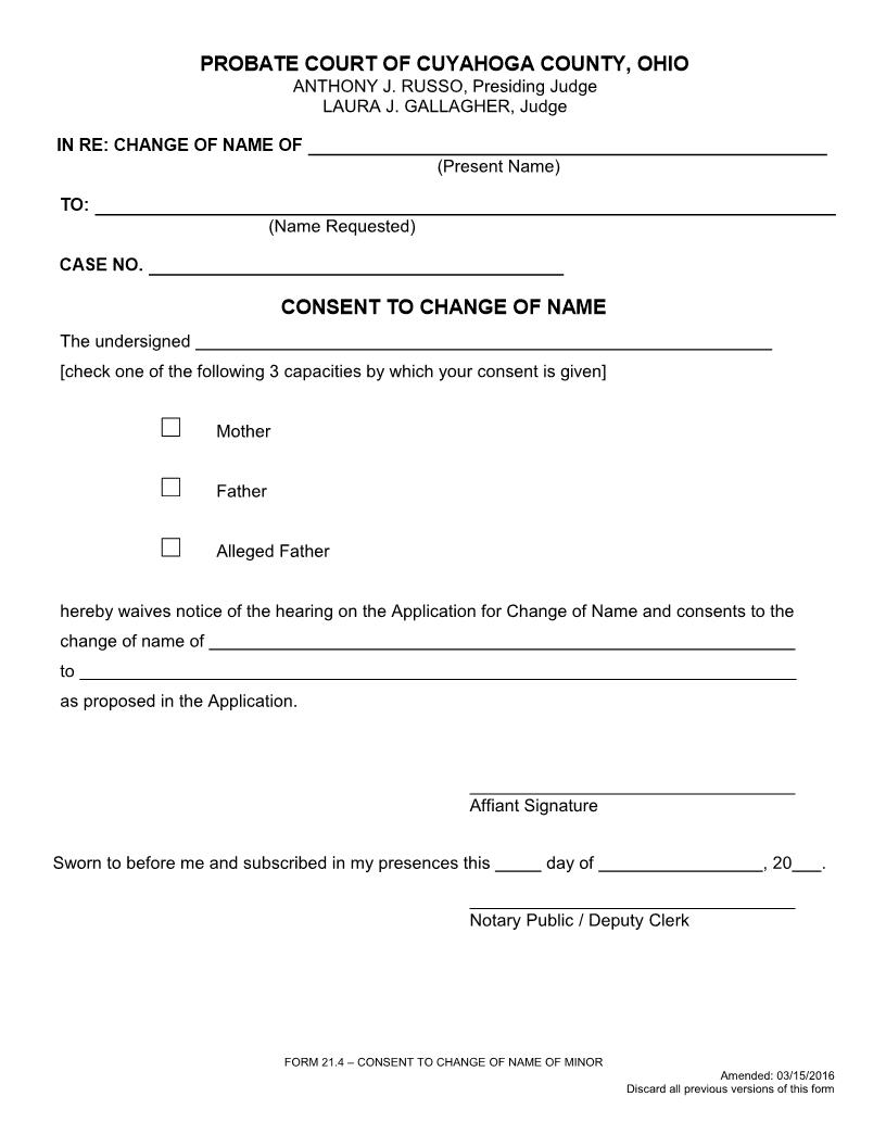 Consent To Change Name | Pdf Fpdf Doc Docx | Ohio