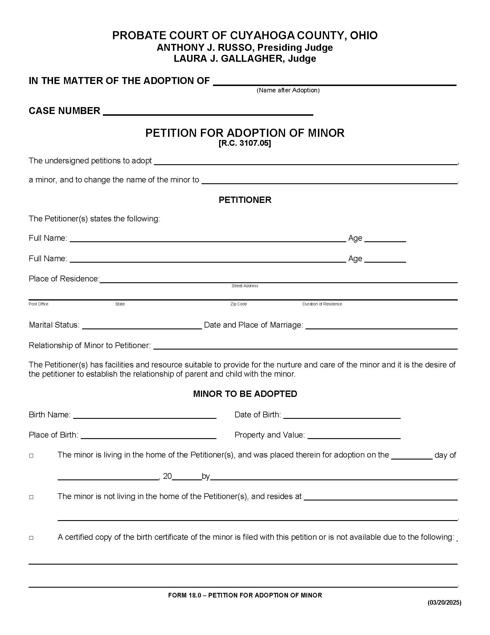 Petition For Adoption Of Minor Child {18.0} | Pdf Fpdf Doc Docx | Ohio