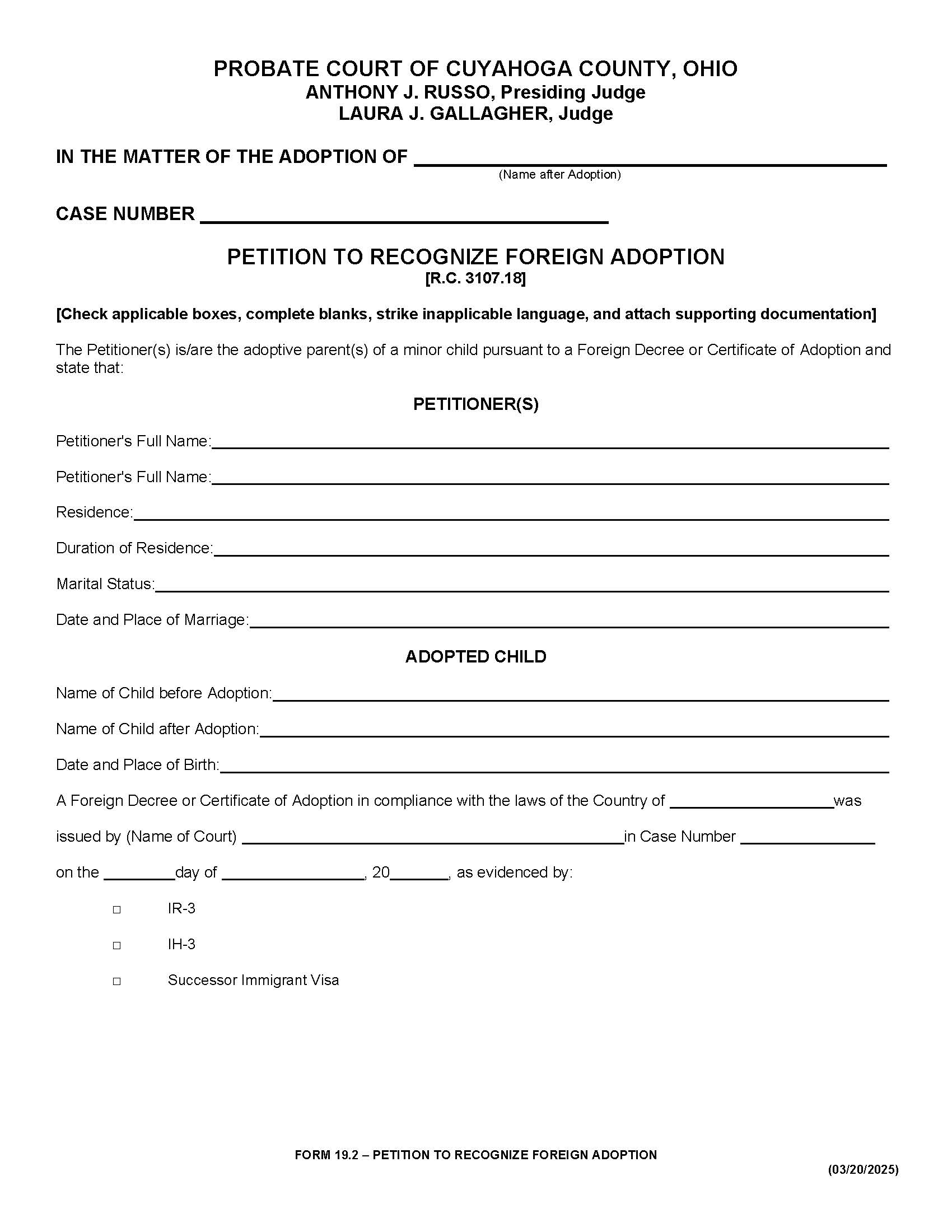 Petition To Recognize Foreign Adoption {19.2} | Pdf Fpdf Doc Docx | Ohio