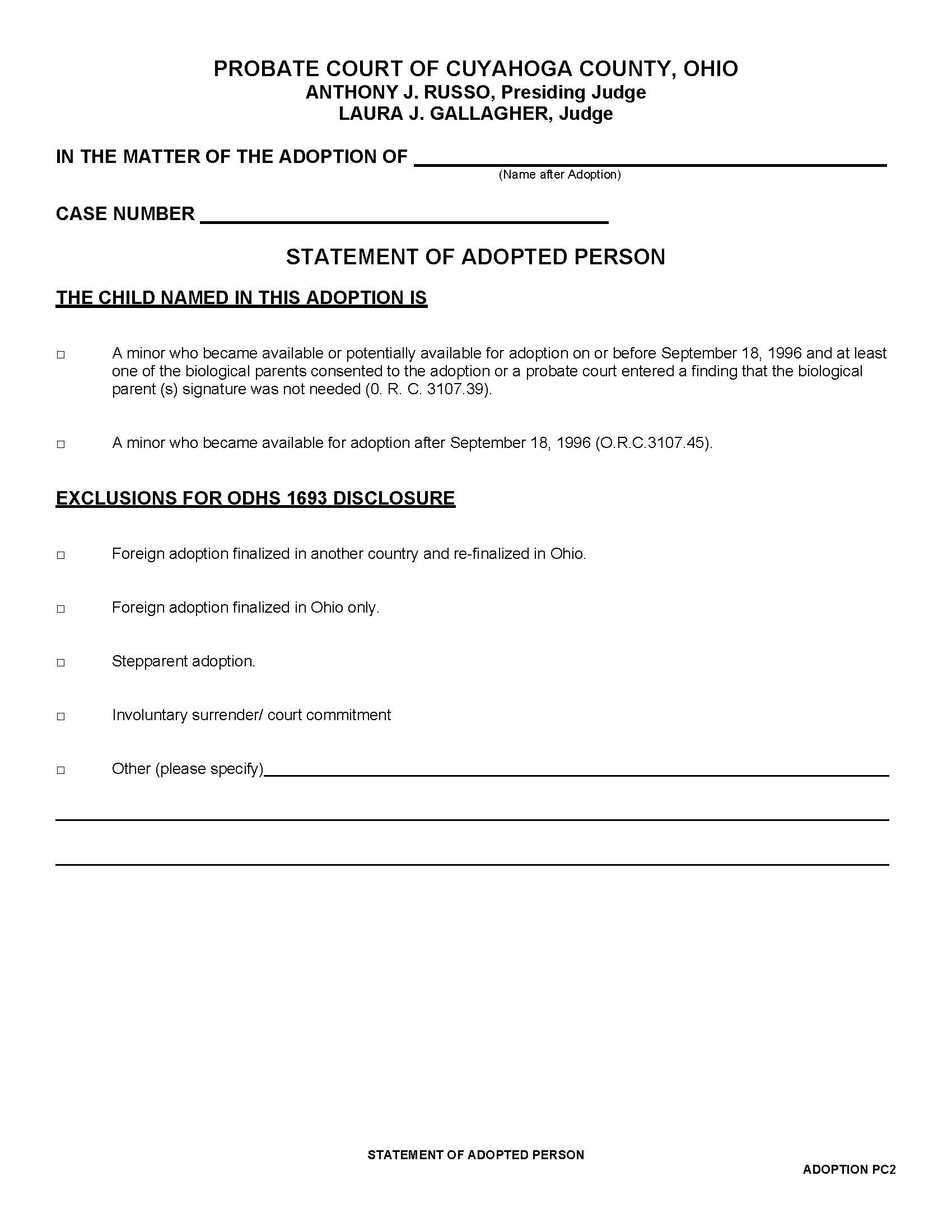Statement Of Adopted Person | Pdf Fpdf Doc Docx | Ohio