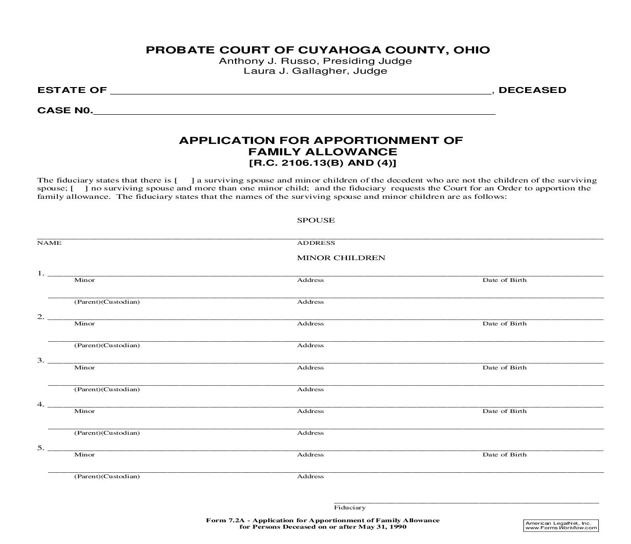 Application For Apportionment Of Family Allowance {7.2A} | Pdf Fpdf Doc Docx | Ohio