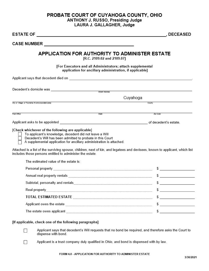 Application For Authority To Administer Estate {4.0} | Pdf Fpdf Doc Docx | Ohio