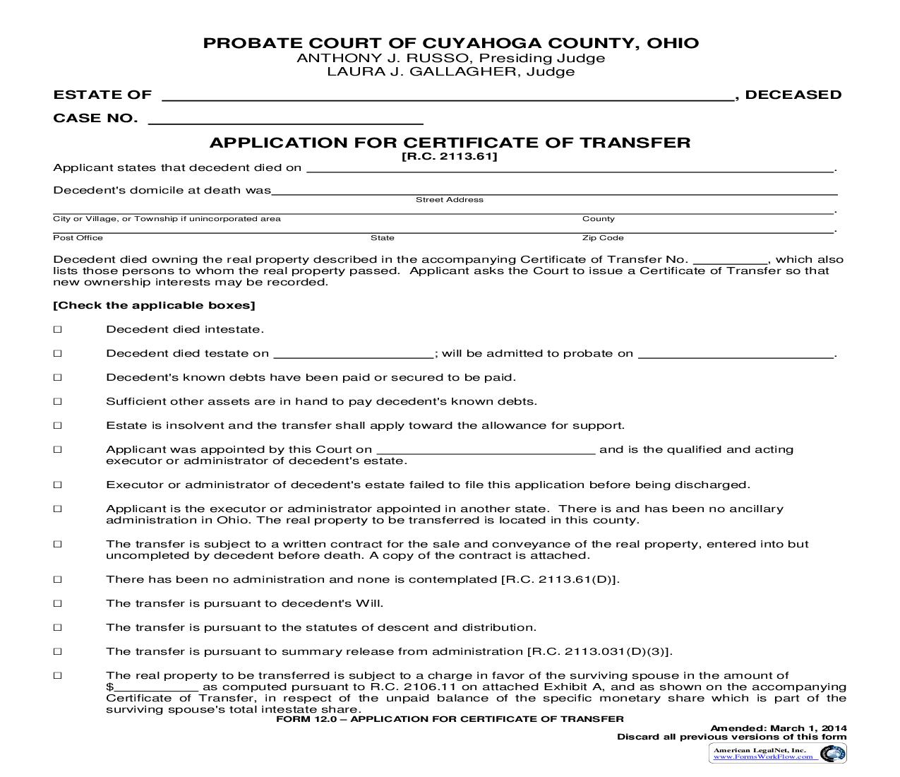 Application For Certificate Of Transfer | Pdf Fpdf Doc Docx | Ohio