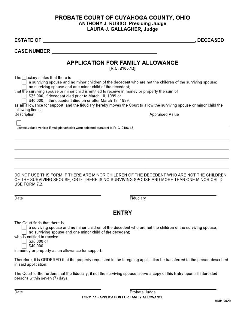 Application For Family Allowance {7.1} | Pdf Fpdf Doc Docx | Ohio