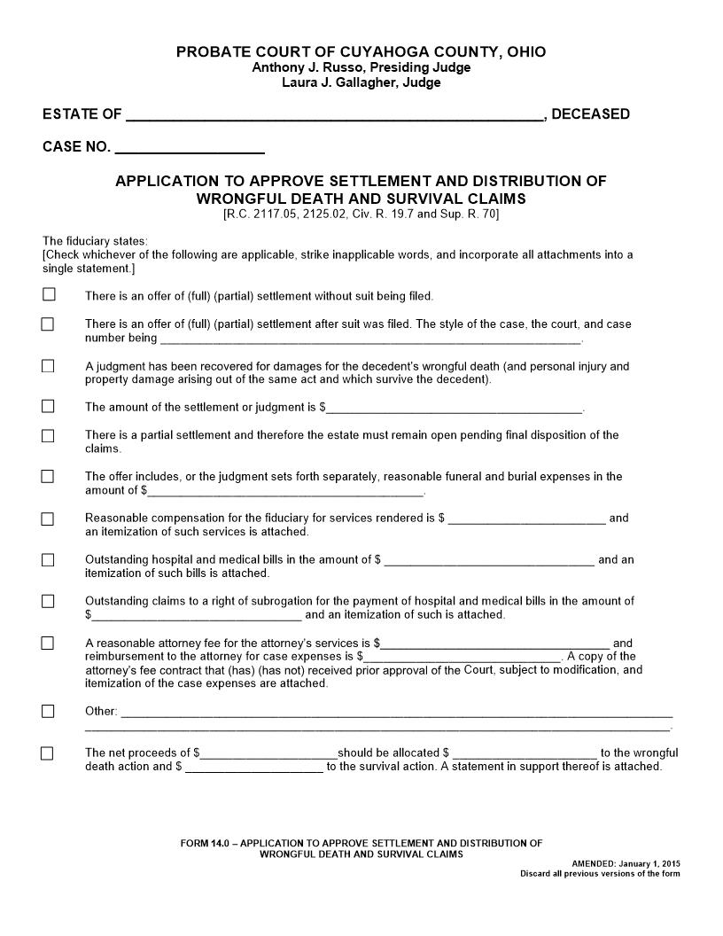 Application To Approve Settlement And Distribution Of Wrongful Death And Survival Claims {14.0} | Pdf Fpdf Docx | Ohio
