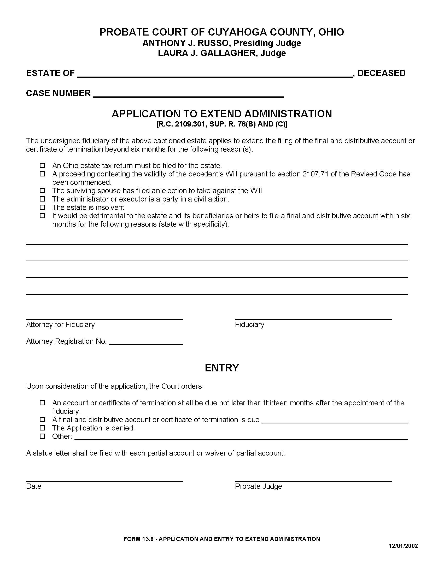 Application To Extend Administration {13.8} | Pdf Fpdf Doc Docx | Ohio