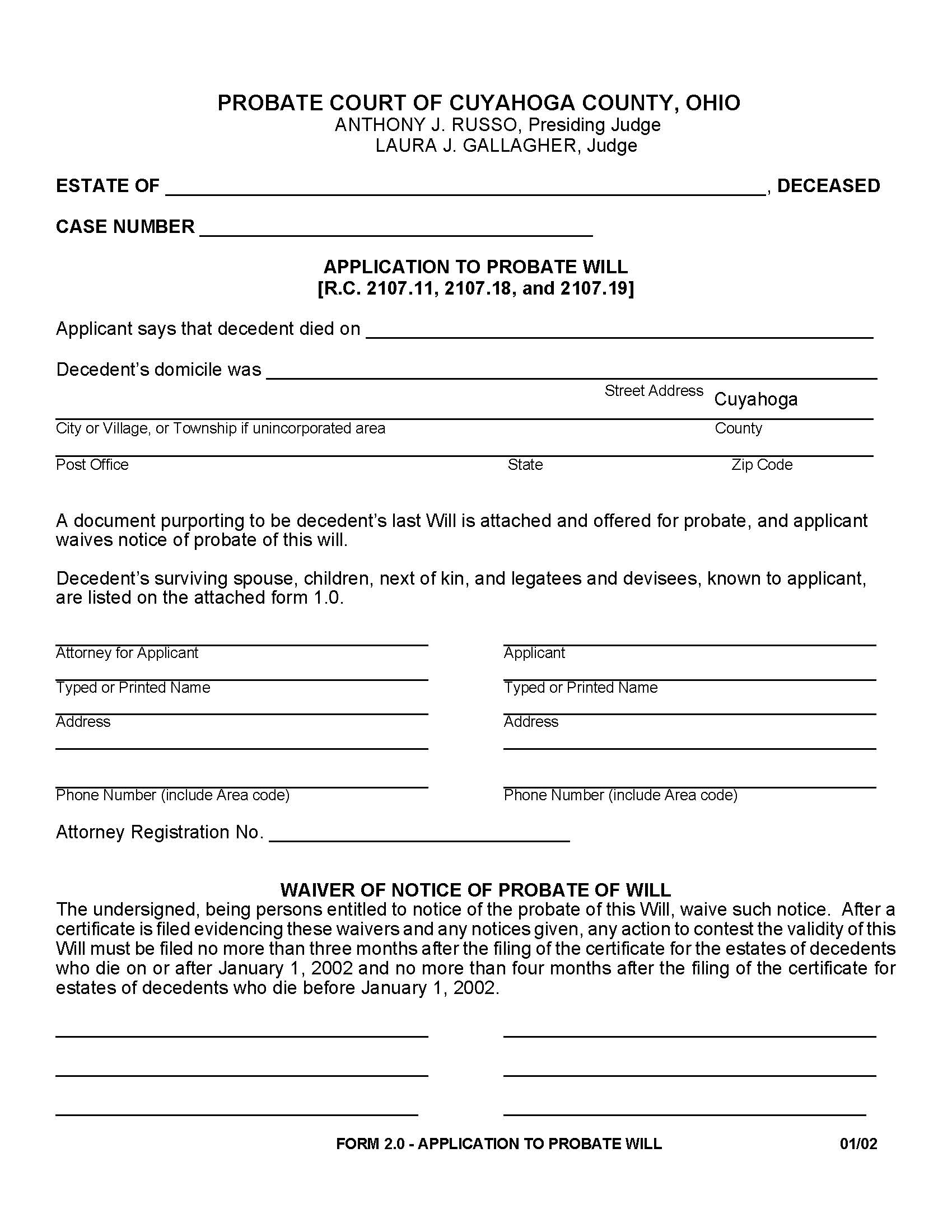 Application To Probate Will {2.0} | Pdf Fpdf Doc Docx | Ohio