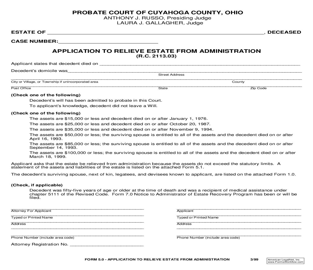 Application To Relieve Estate From Administration {5.0} | Pdf Fpdf Doc Docx | Ohio