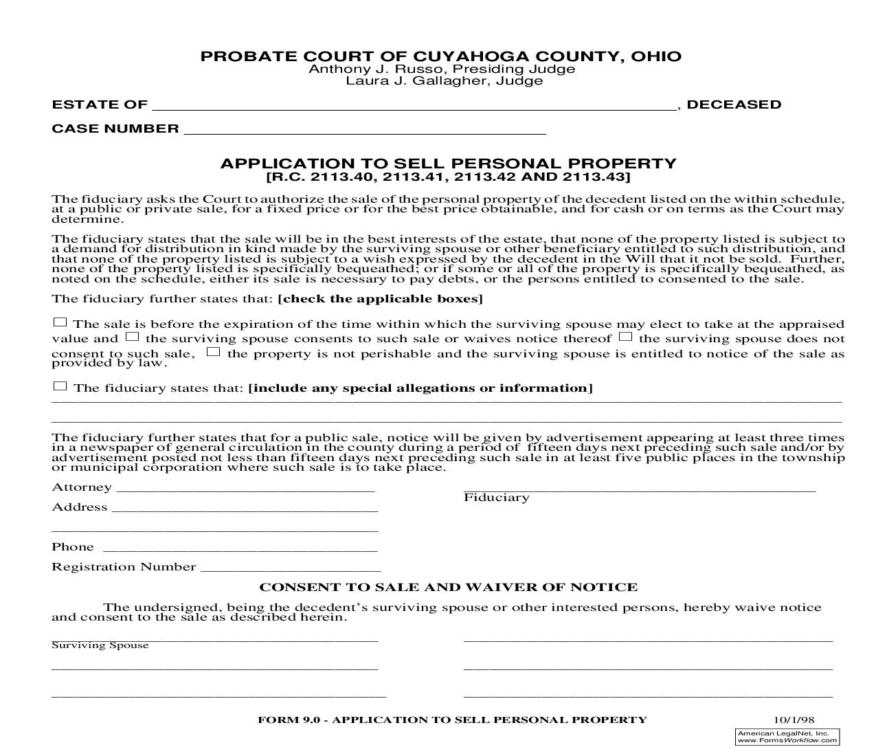 Application To Sell Personal Property | Pdf Fpdf Doc Docx | Ohio