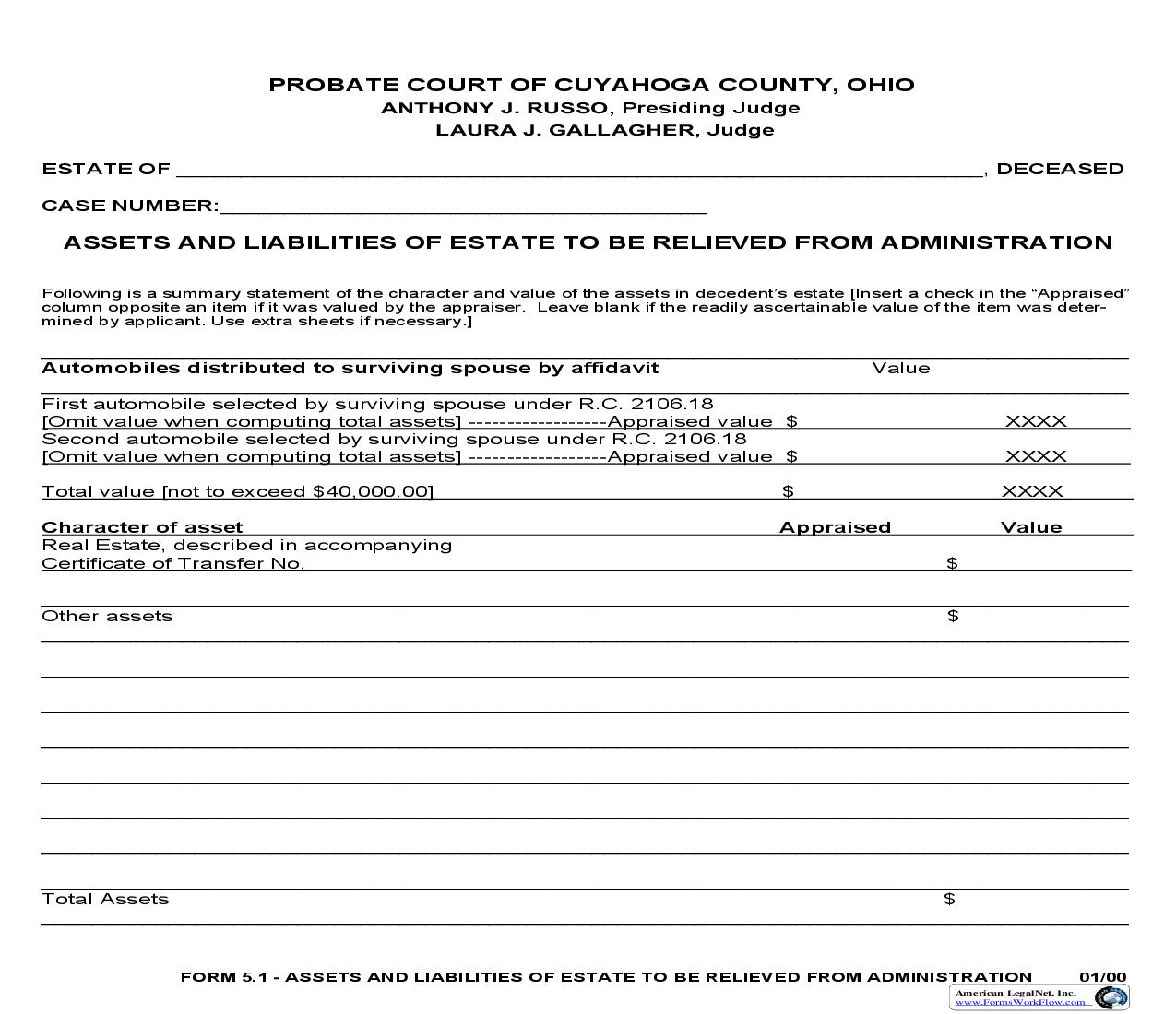 Assets And Liabilities Of Estate To Be Relieved From Administration {5.1} | Pdf Fpdf Doc Docx | Ohio