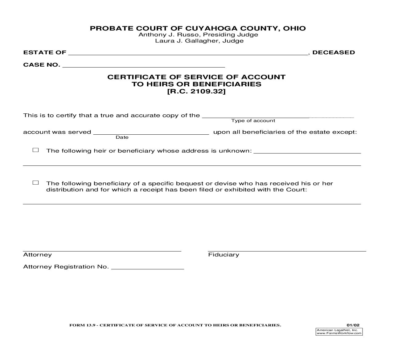 Certificate Of Service Of Account To Heirs Or Beneficiaries | Pdf Fpdf Doc Docx | Ohio
