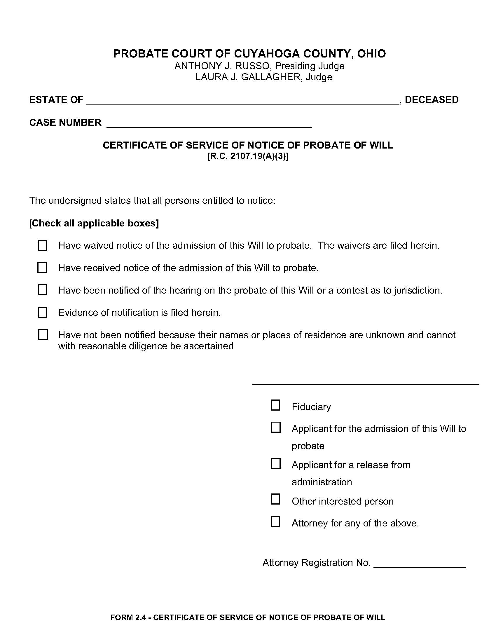 Certificate Of Service Of Notice Of Probate Of Will {2.4} | Pdf Fpdf Doc Docx | Ohio