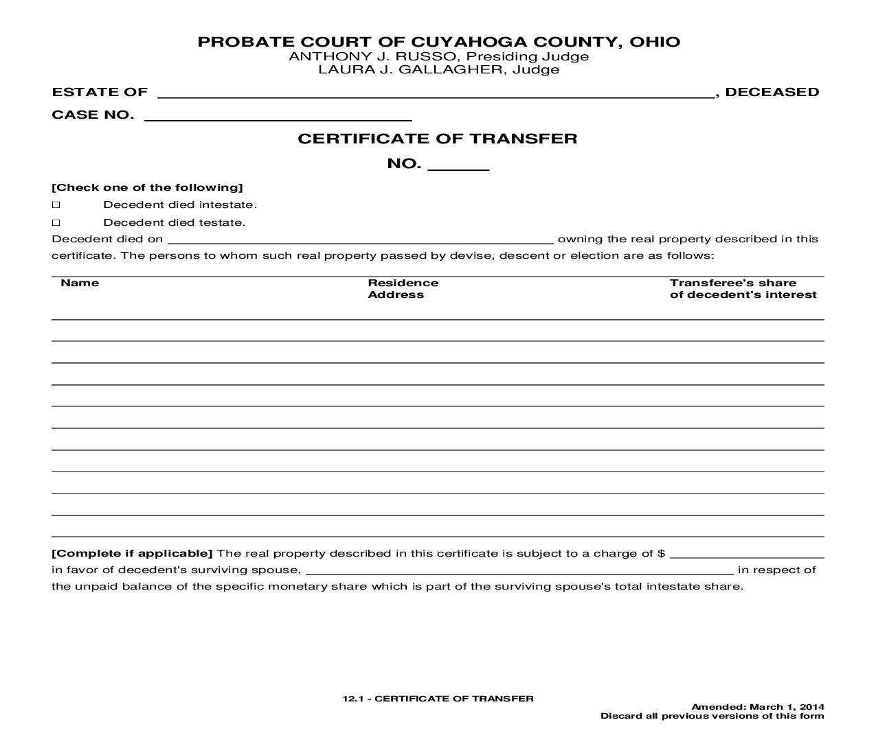 Certification Of Transfer {12.1} | Pdf Fpdf Doc Docx | Ohio