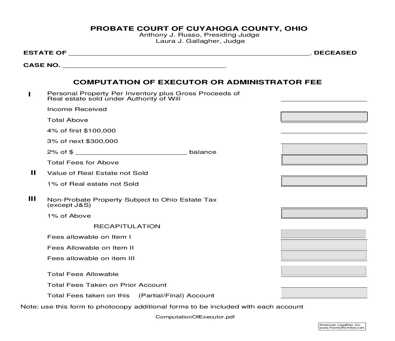 Computation Of Executor Or Administrator Fee | Pdf Fpdf Doc Docx | Ohio