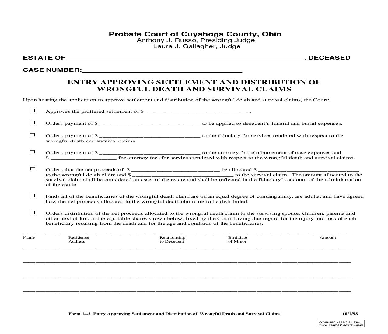 Entry Approving Settlement And Distribution Of Wrongful Death And Survival Claims {14.2} | Pdf Fpdf Doc Docx | Ohio