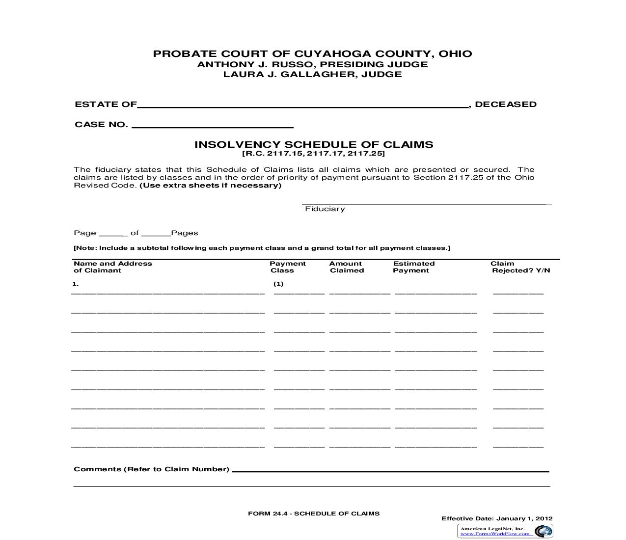 Insolvency Schedule Of Claims {24.4} | Pdf Fpdf Doc Docx | Ohio