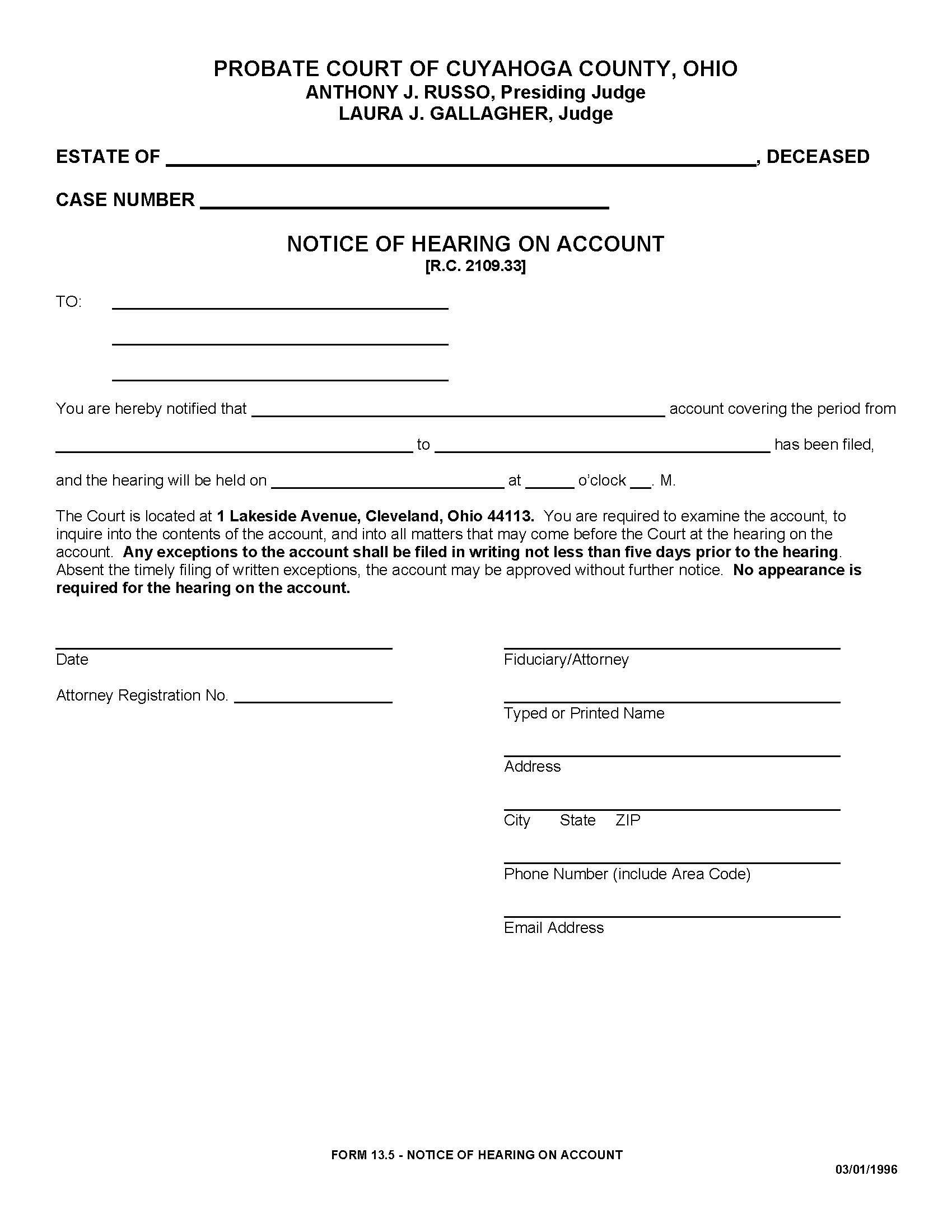 Notice Of Hearing On Account | Pdf Fpdf Doc Docx | Ohio