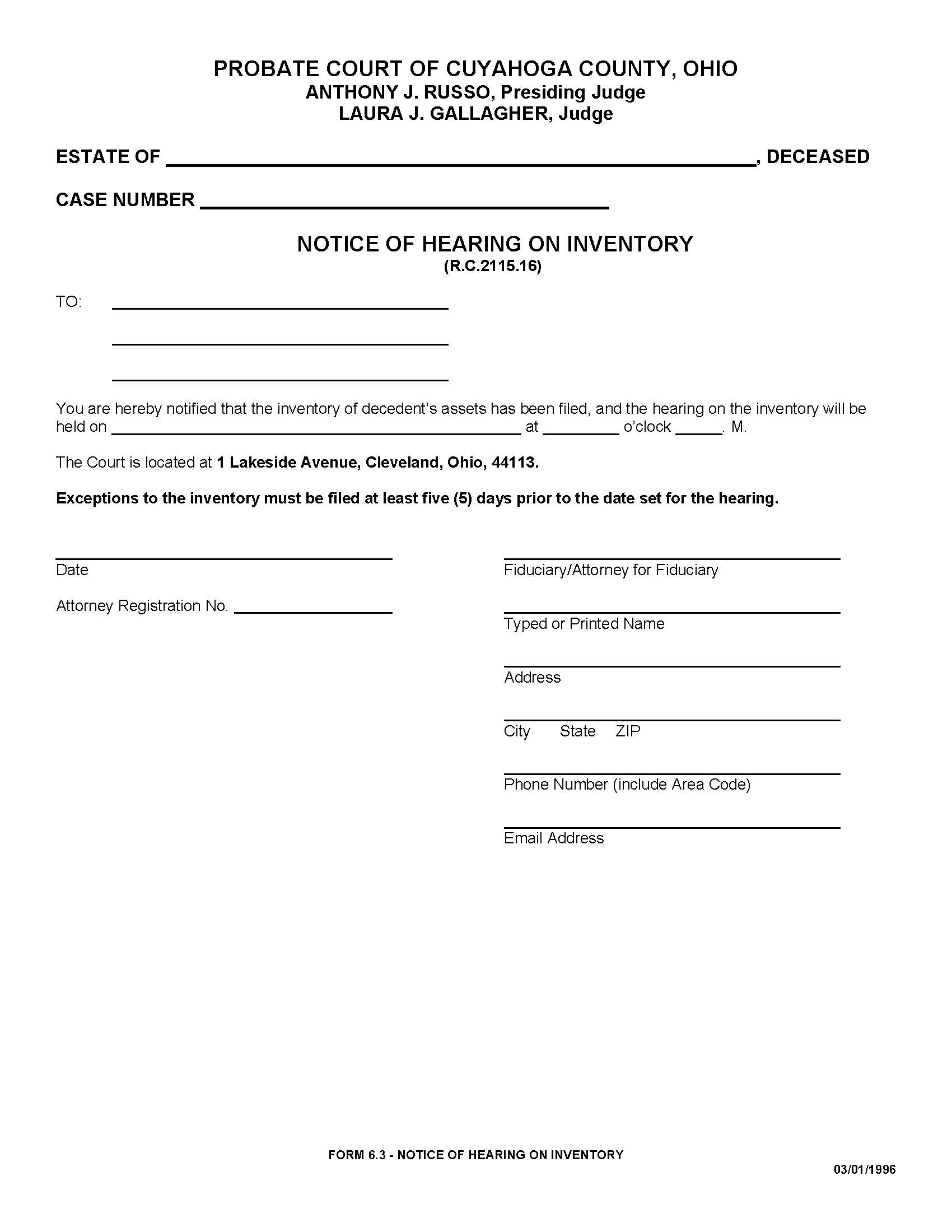 Notice Of Hearing On Inventory {6.3} | Pdf Fpdf Doc Docx | Ohio