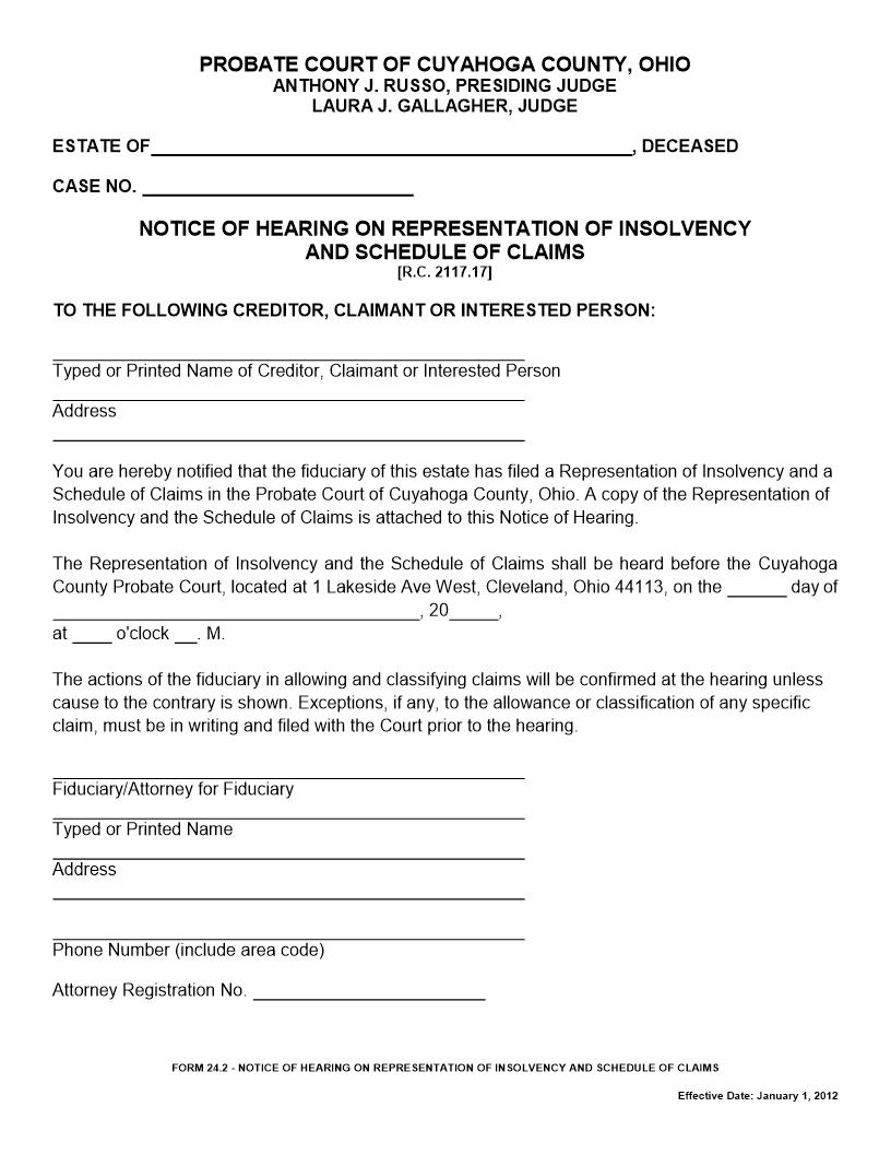 Notice Of Hearing On Representation Of Insolvency And Schedule {24.2} | Pdf Fpdf Doc Docx | Ohio