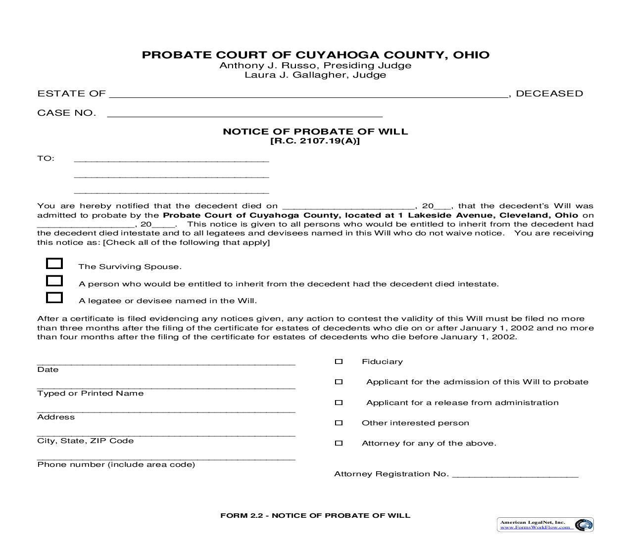 Notice Of Probate Of Will {2.2} | Pdf Fpdf Doc Docx | Ohio