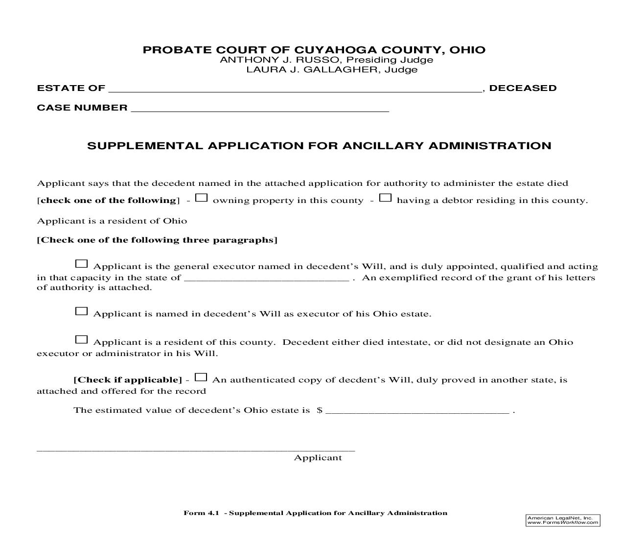 Supplemental Application For Ancillary Adinistration | Pdf Fpdf Doc Docx | Ohio