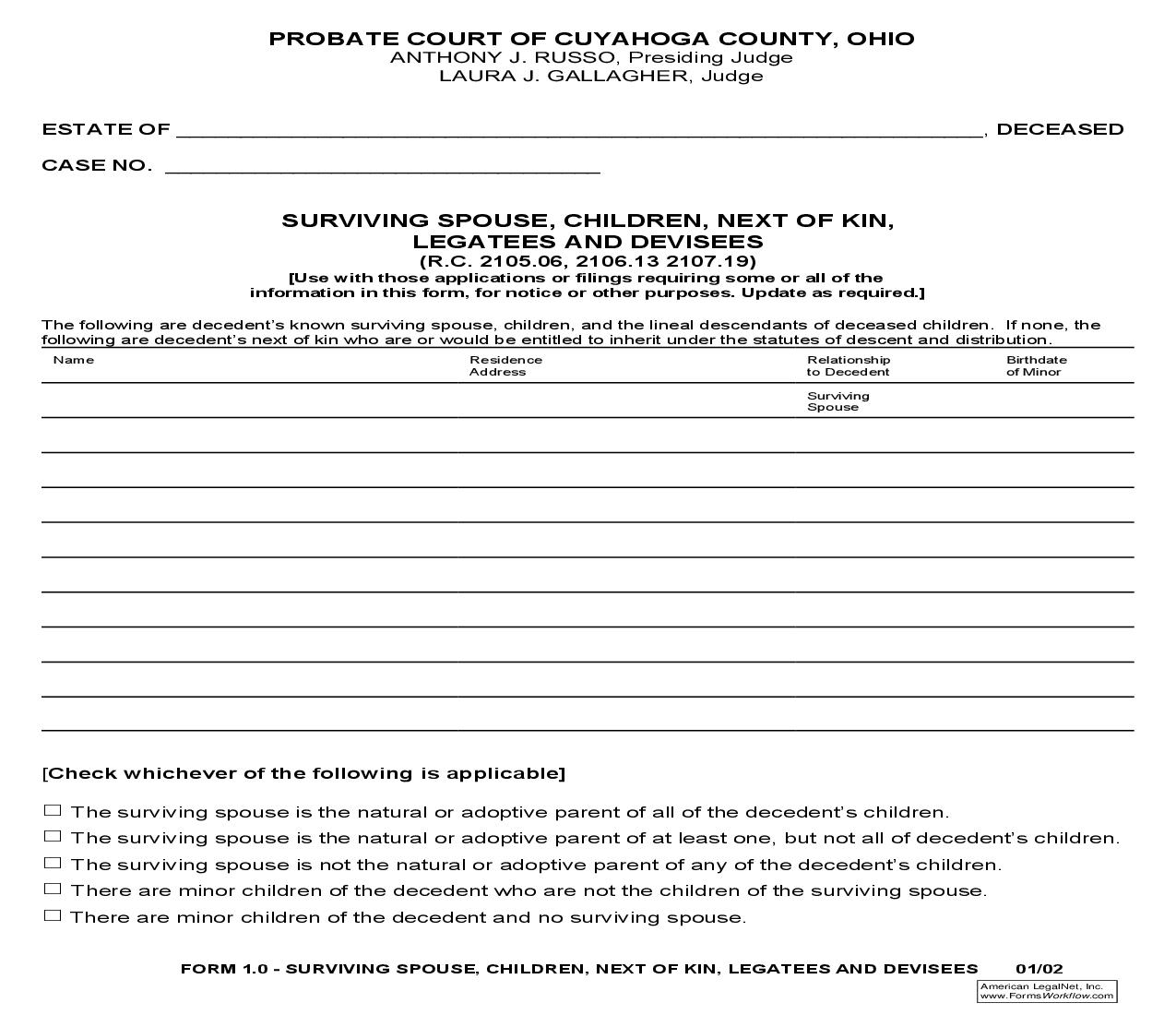Surviving Spouse Children Next Of Kin Legatees And Devisees {1.0} | Pdf Fpdf Doc Docx | Ohio
