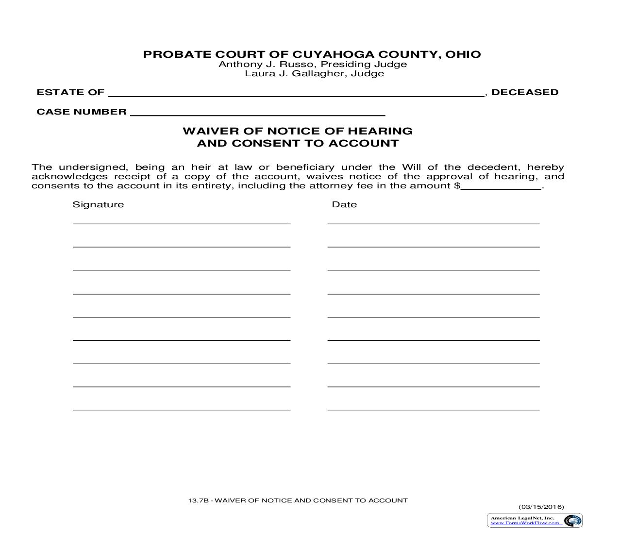 Waiver Of Notice Of Hearing And Consent To Account | Pdf Fpdf Doc Docx | Ohio
