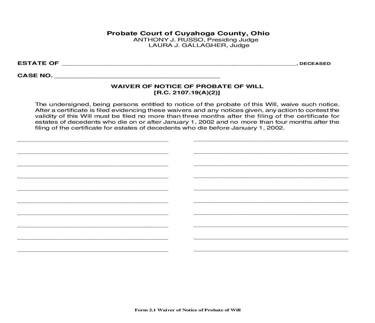Waiver Of Notice Of Probate Of Will {2.1} | Pdf Fpdf Doc Docx | Ohio