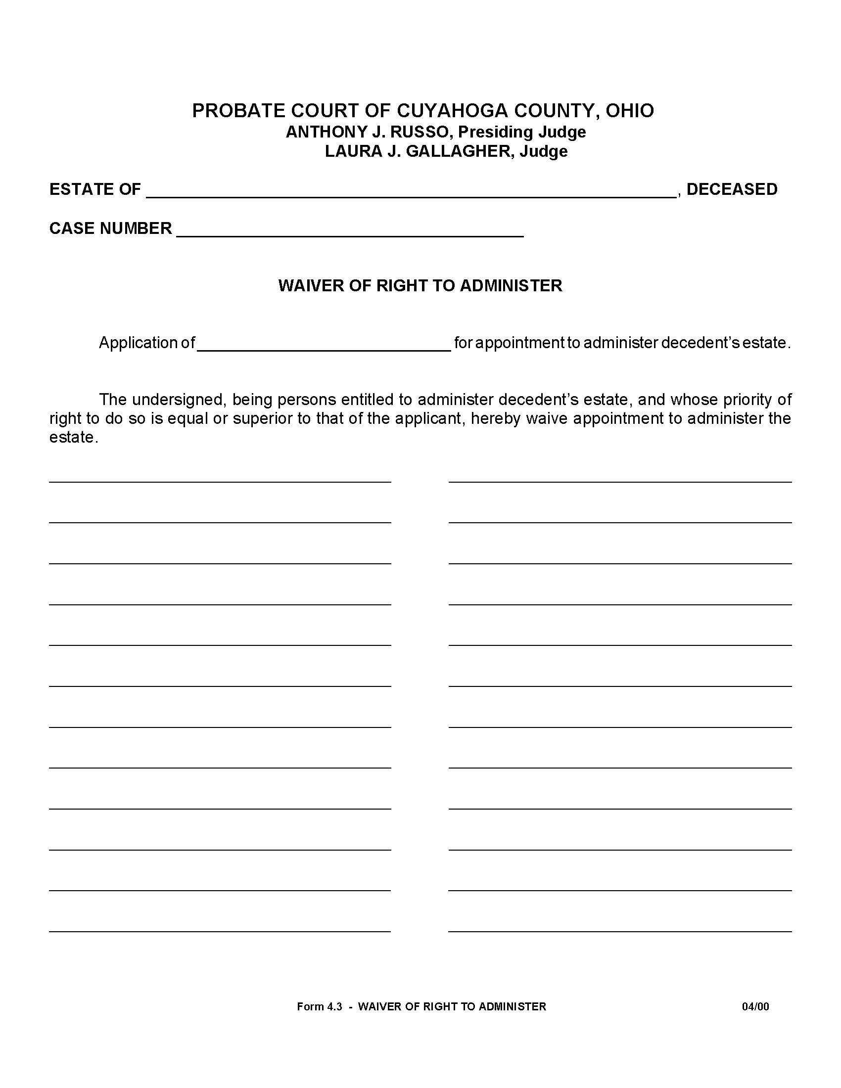 Waiver Of Right To Administer {4.3} | Pdf Fpdf Doc Docx | Ohio