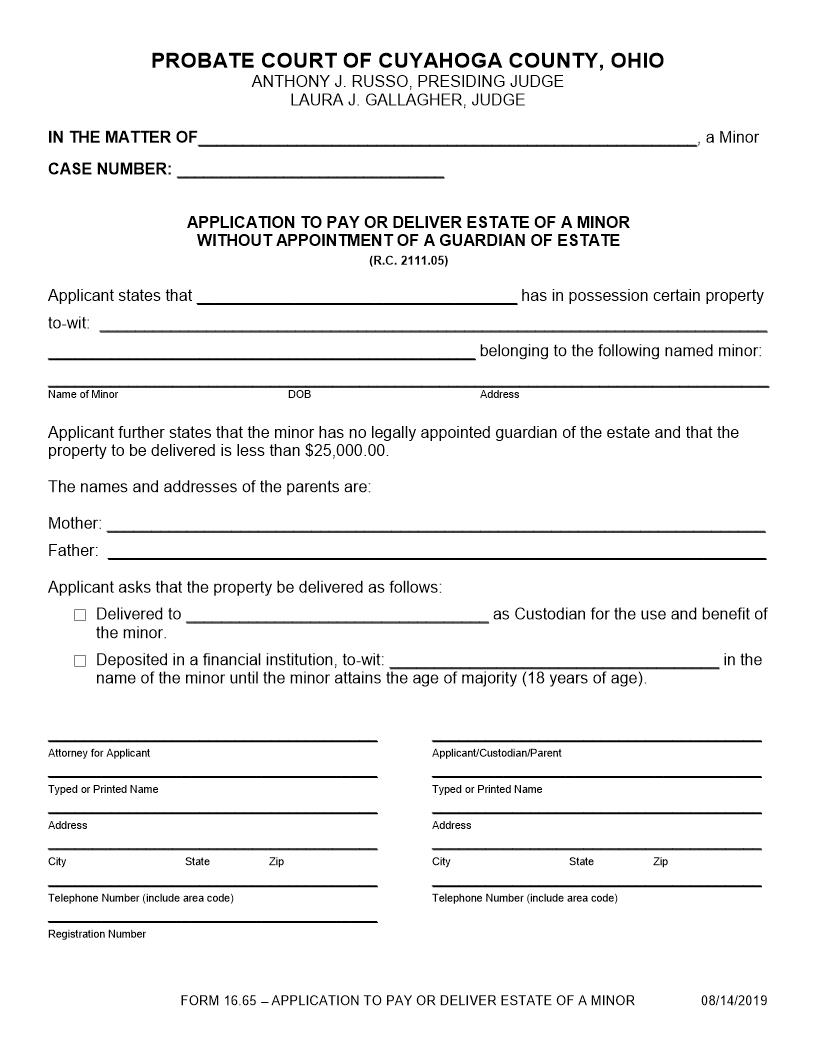 Application To Pay Or Deliver Estate Of A Minor Without Appointment Of A Guardian | Pdf Fpdf Doc Docx | Ohio