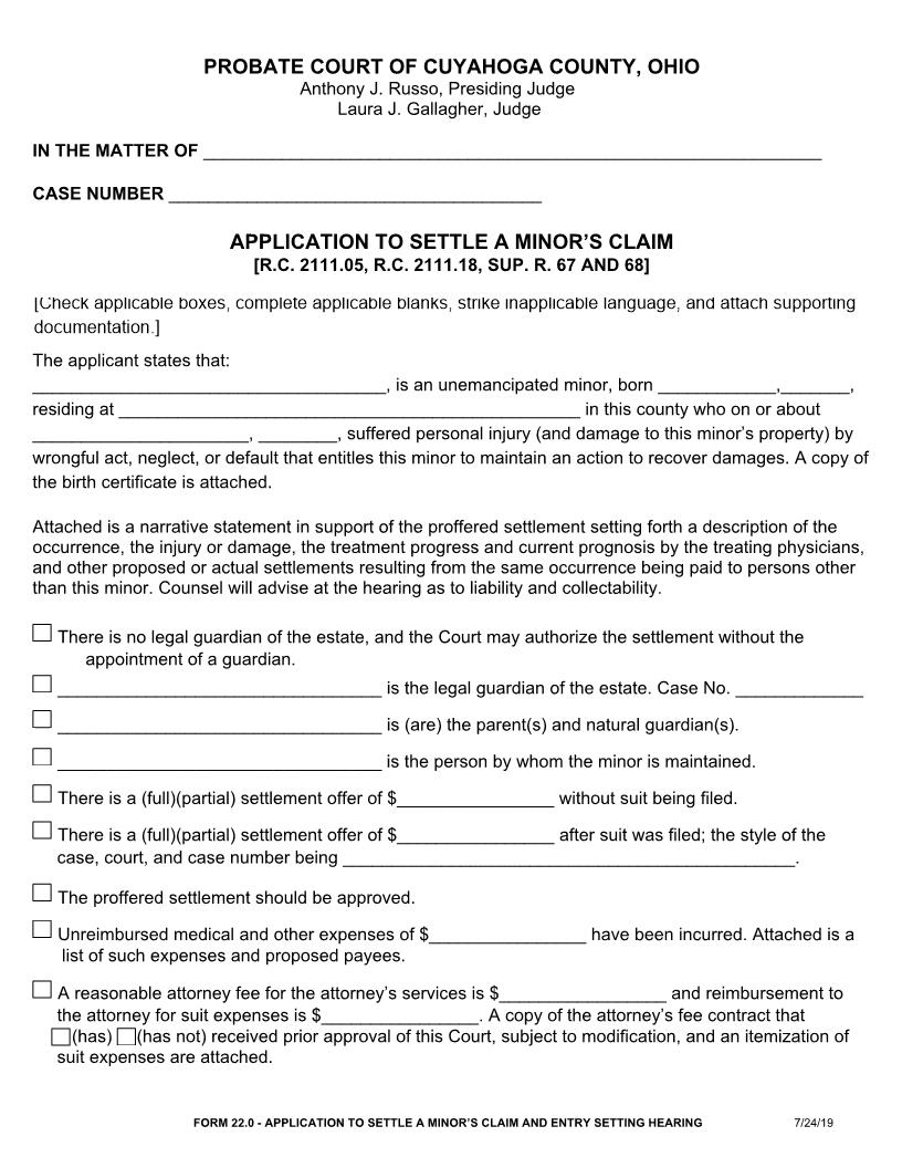 Application To Settle A Minors Claim | Pdf Fpdf Doc Docx | Ohio