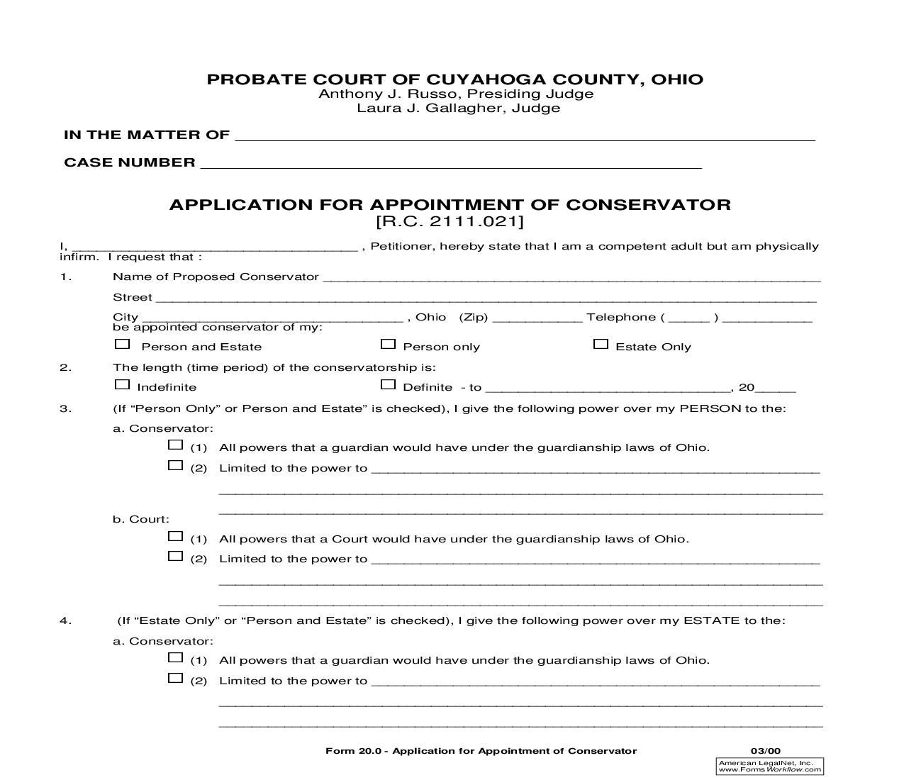 Application For Appointment Of Conservator {20.0} | Pdf Fpdf Doc Docx | Ohio