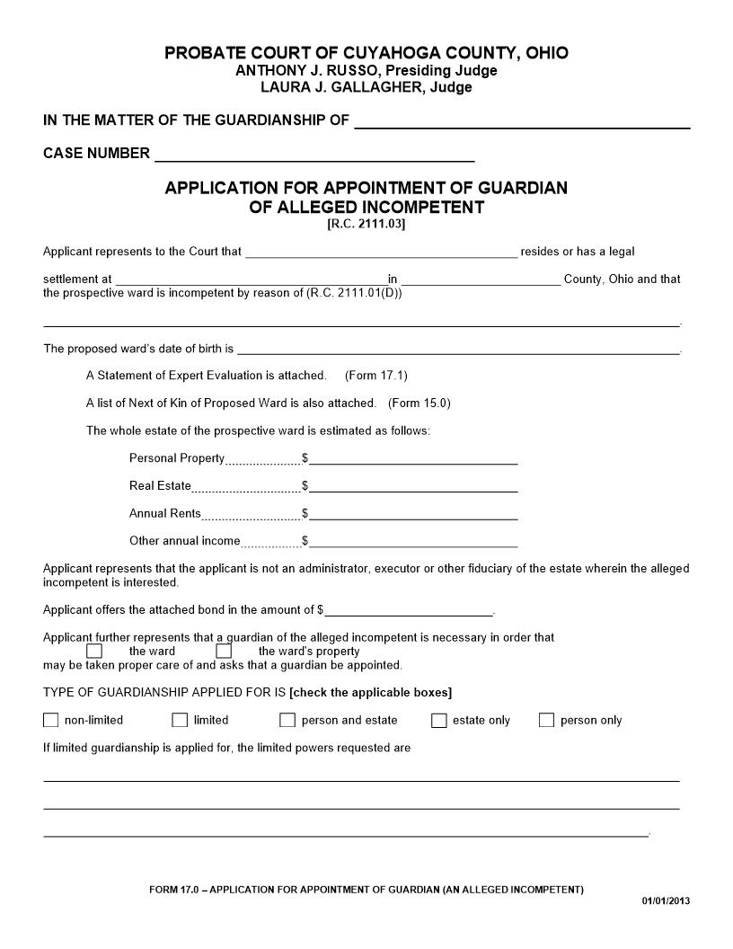 Application For Appointment Of Guardian An Alleged Incompetent {17.0} | Pdf Fpdf Doc Docx | Ohio