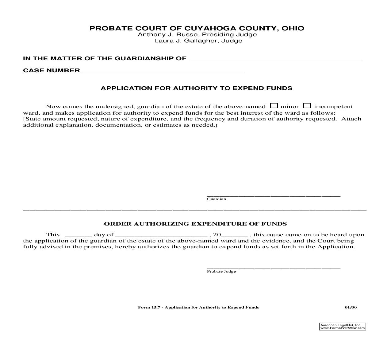 Application For Authority To Expend Funds {15.7} | Pdf Fpdf Doc Docx | Ohio