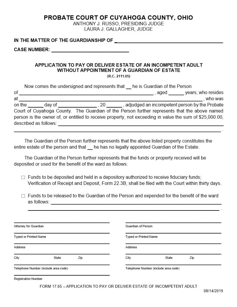 Application To Pay Or Deliver Estate Of An Incompetent Person Without Appointment Of A Guardian | Pdf Fpdf Doc Docx | Ohio
