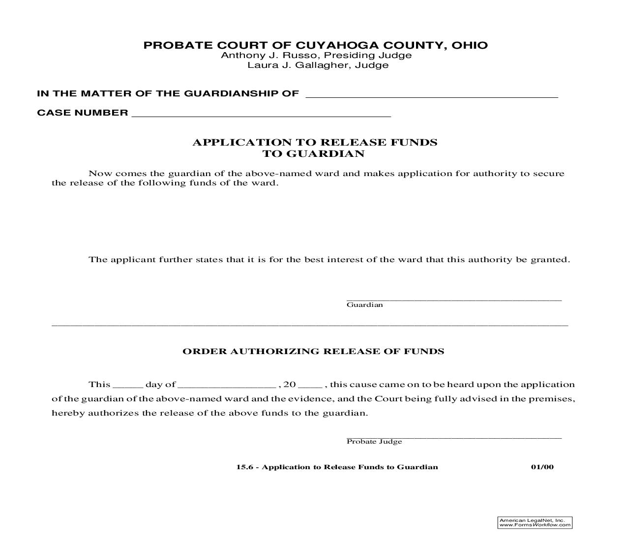 Application To Release Funds To Guardian {15.6} | Pdf Fpdf Doc Docx | Ohio